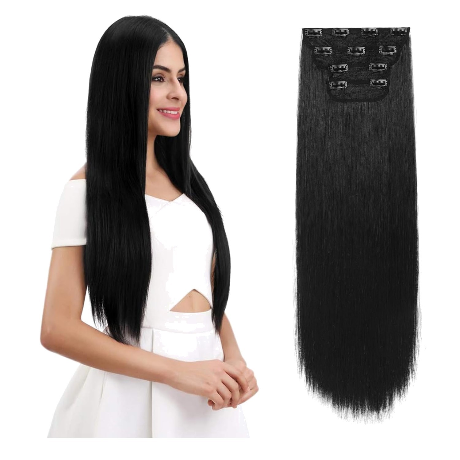 Thick & Long 28” Clip-In Hair Extensions – Heat Resistant Natural Black