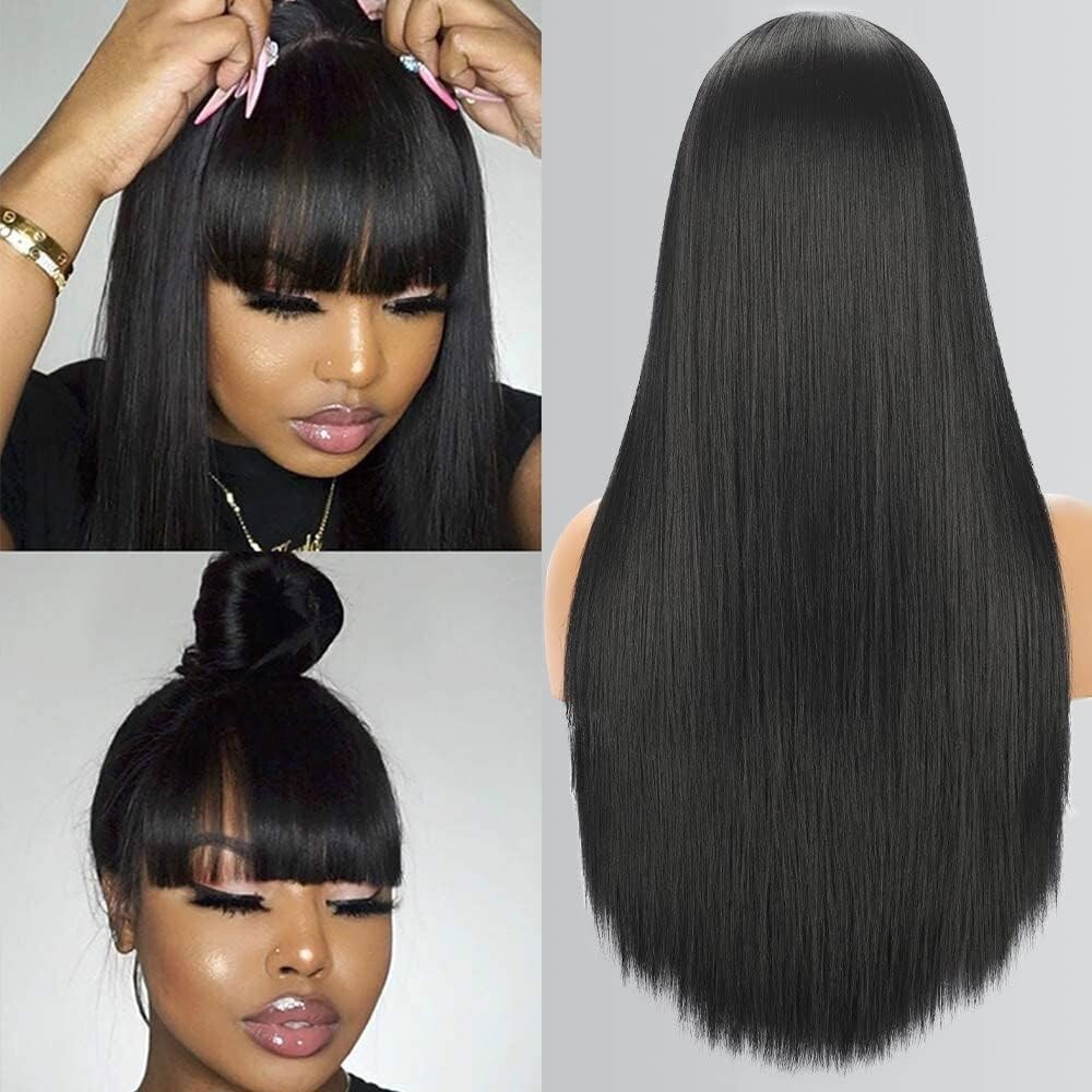 Poshance Straight Wigs with Bangs Human Hair Glueless Machine Made 20″
