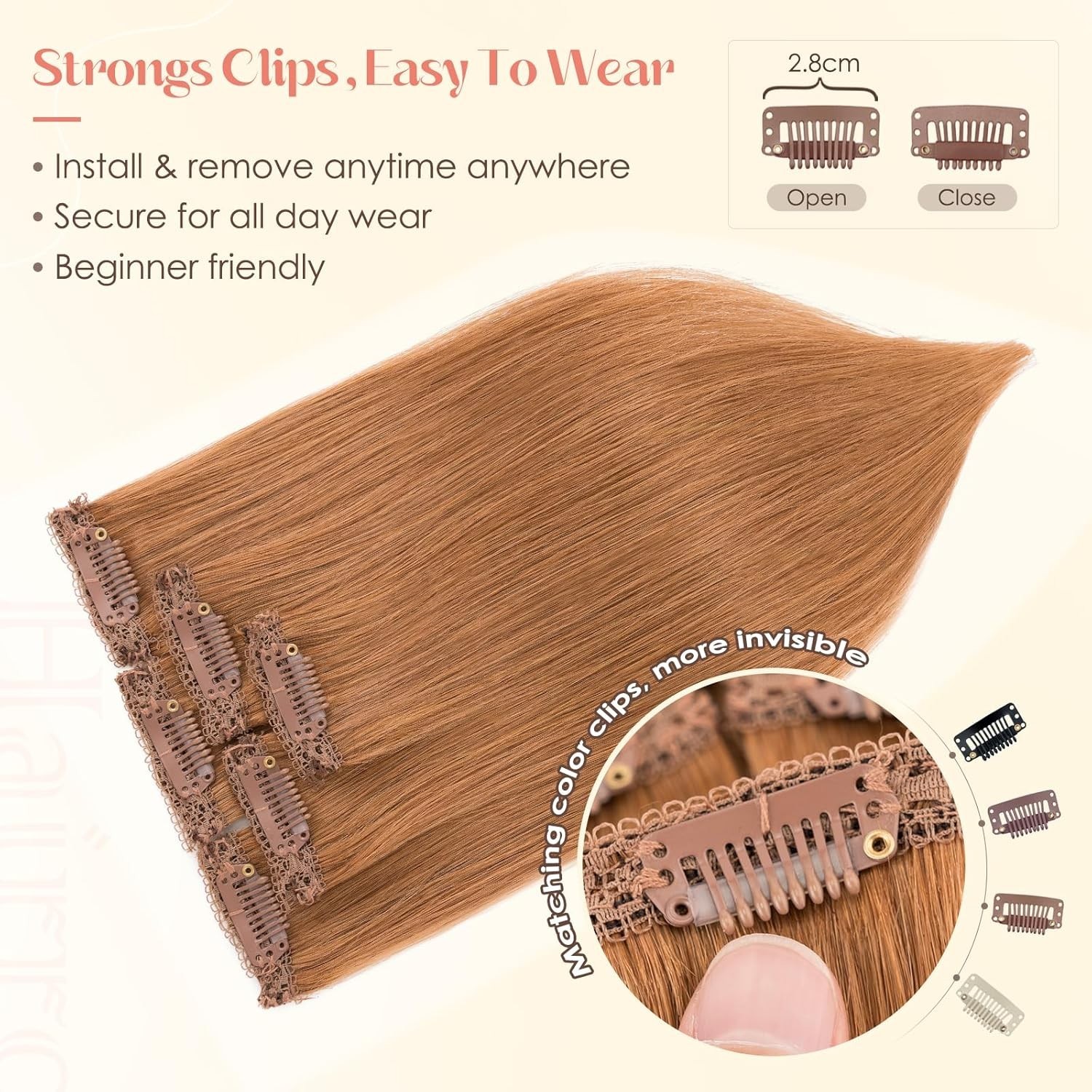 Hairro 6PCS 6 Clips 12 inch Remy Human Hair Extensions 33g #30 Light Auburn