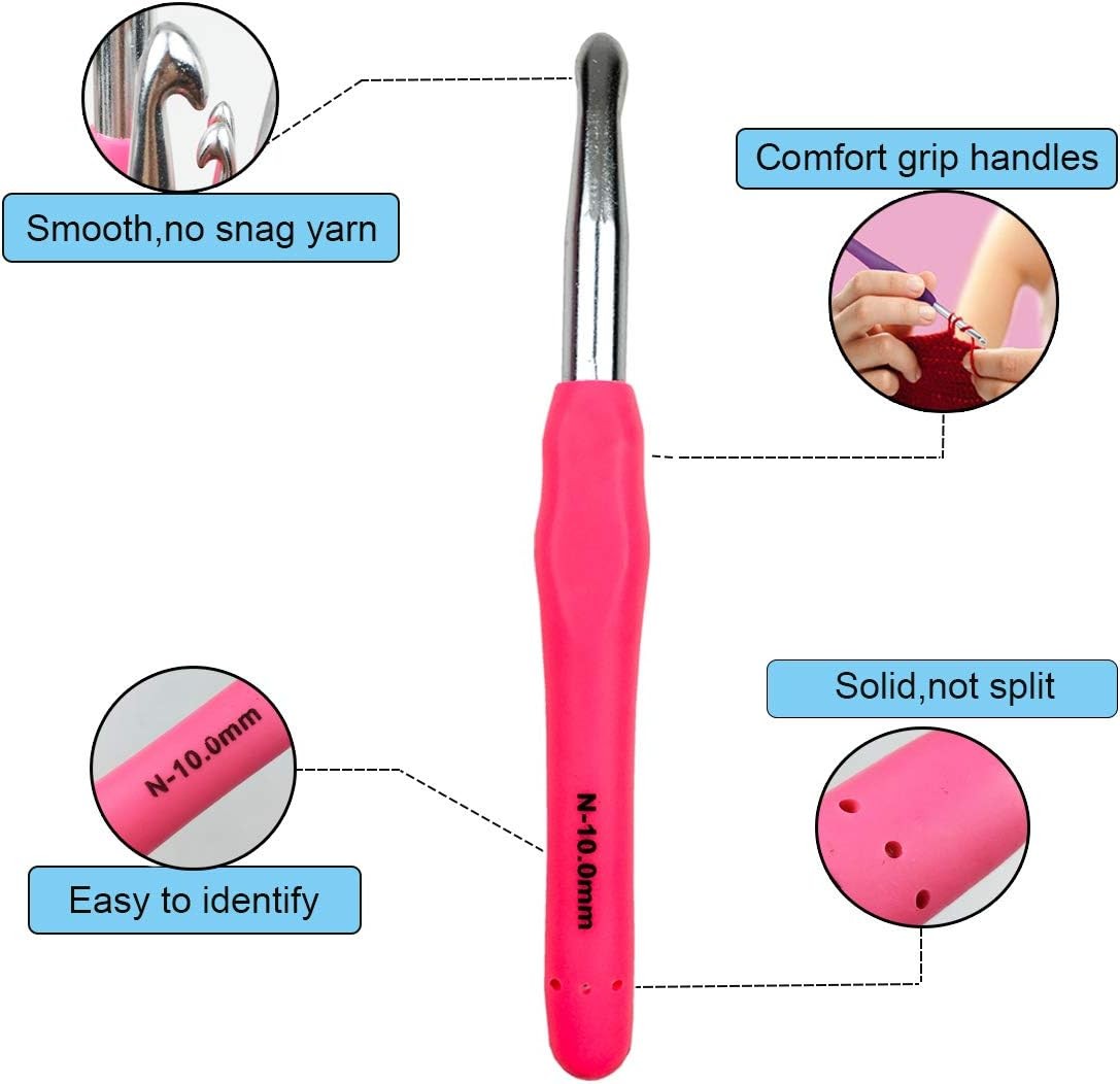 Mdoker Extra Long Crochet Hooks,Large Size N/P/15(10.0mm) 10mm, Fushia