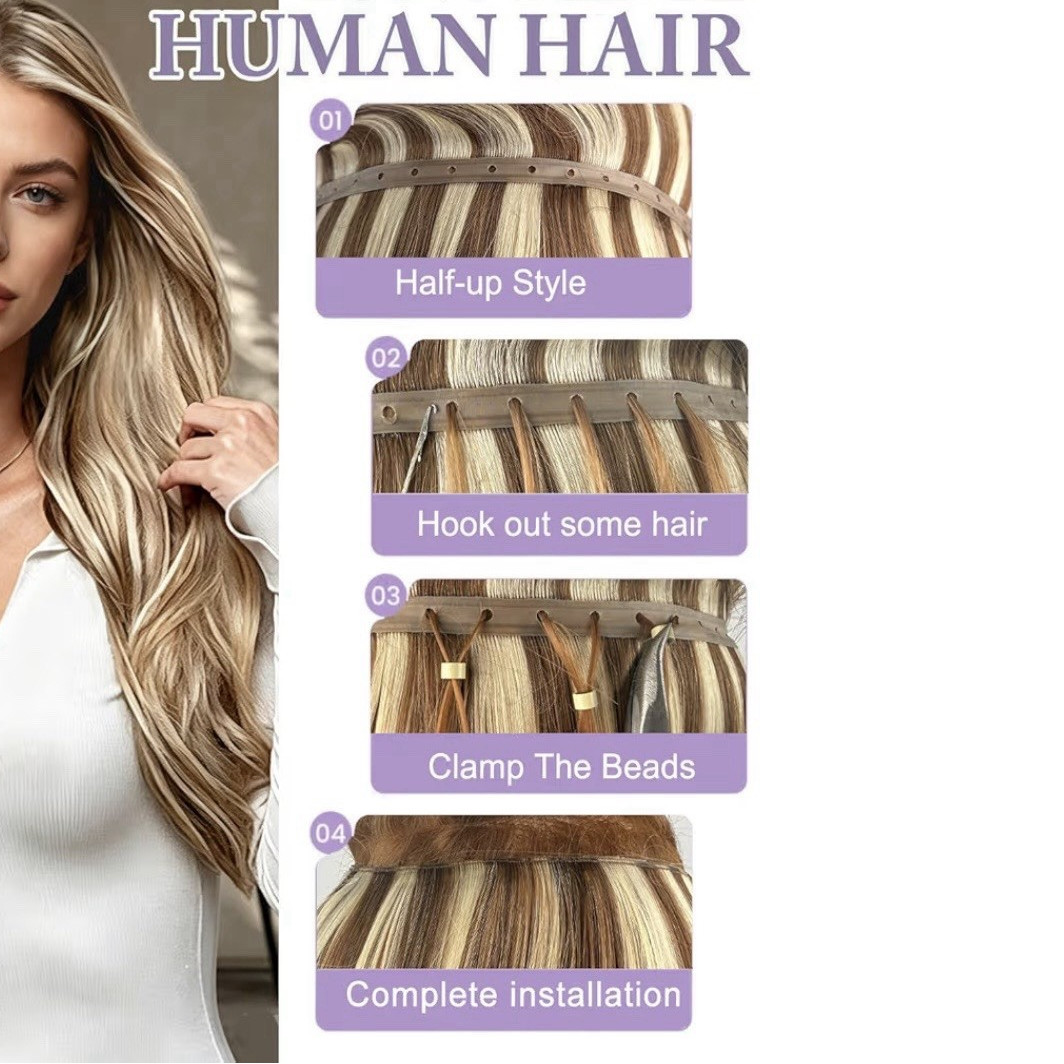 Human Hair Weft Extensions Highlight Blonde/Light Brown for Women, 21-30 in