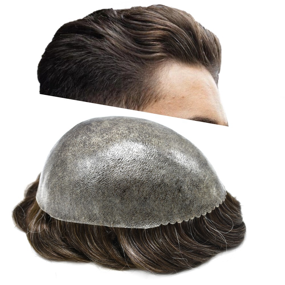 All PU Mens Toupee Human Hair Replacement System Skin PU Grey Brown Hairpiece
