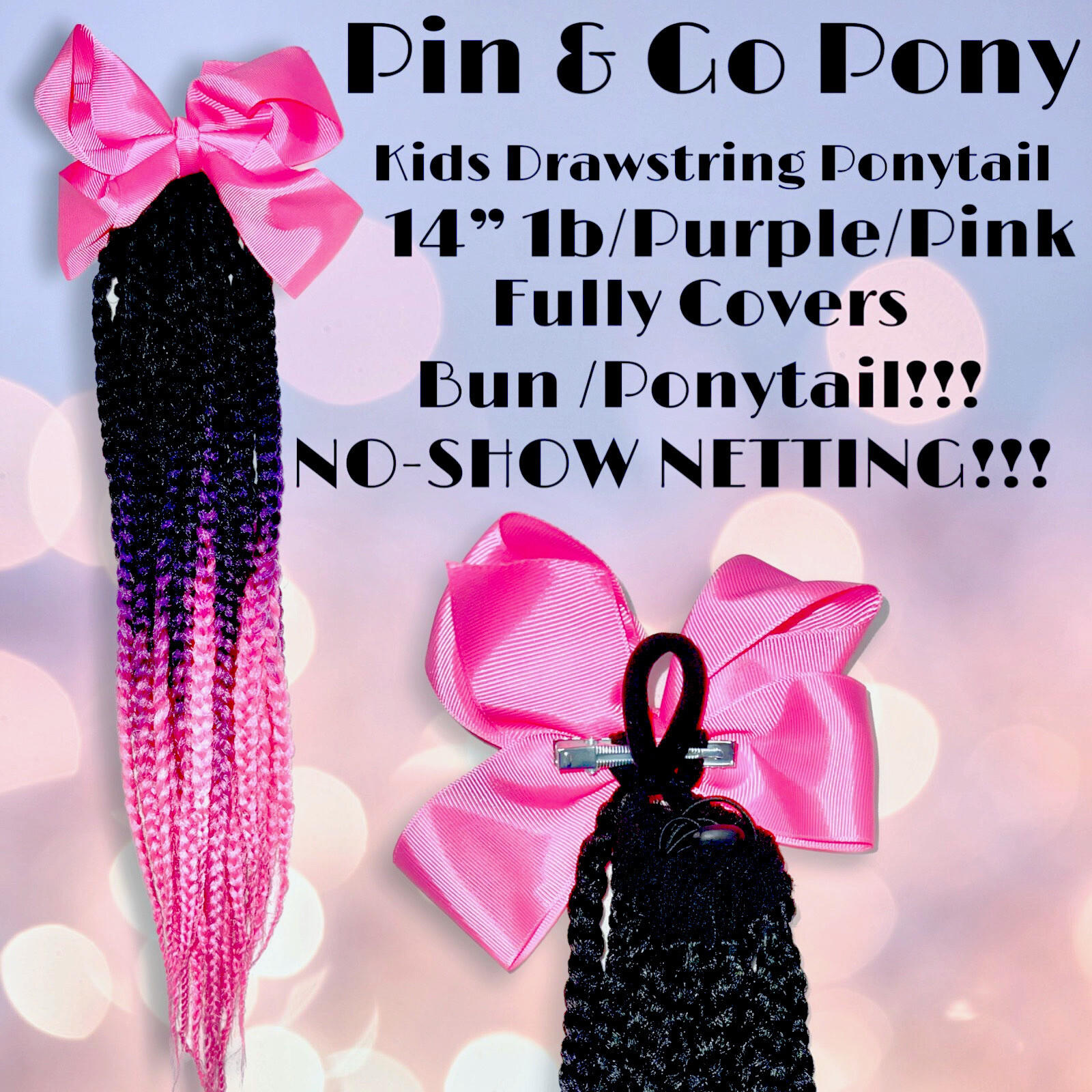 14” BRAIDED DRAWSTRING PONYTAIL FOR KIDS – 1b/Ombré Purple-Pink w/ Pink Bow
