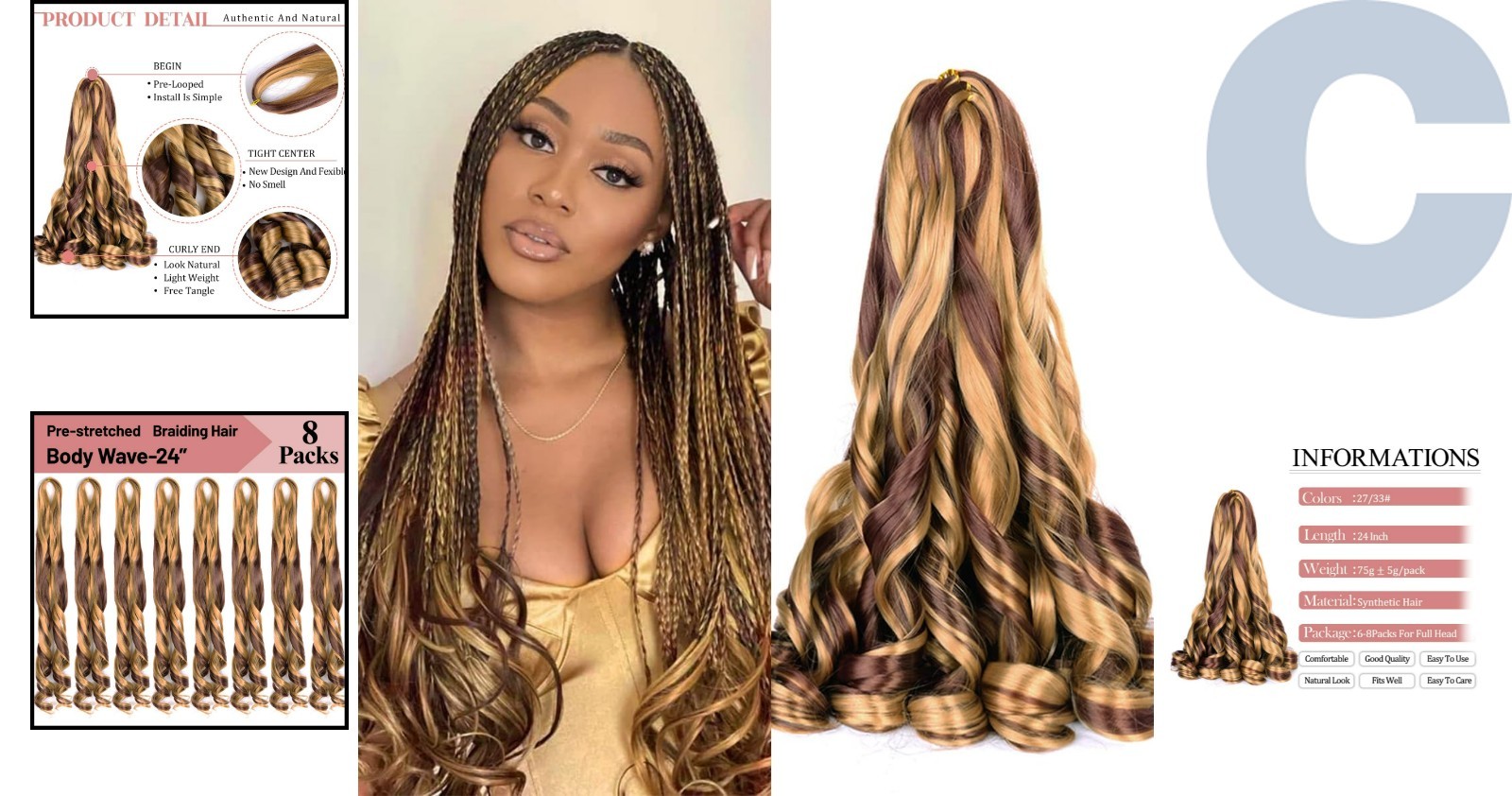 Reusable Curly Braiding Hair – 8 Packs of 24-Inch P27/33 Easy Install Extensions