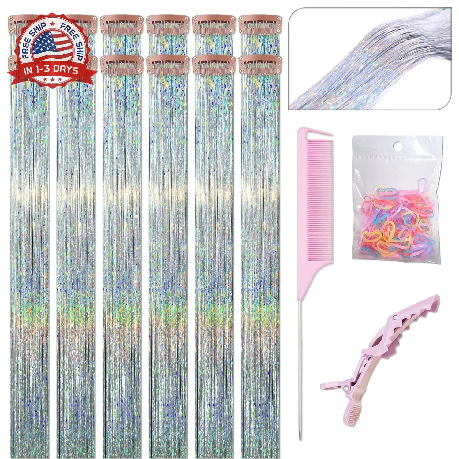 ONROCL Hair Tinsel Clip in Extensions 12Pcs 24 Inch Dreamy Colorful Glitter Hair