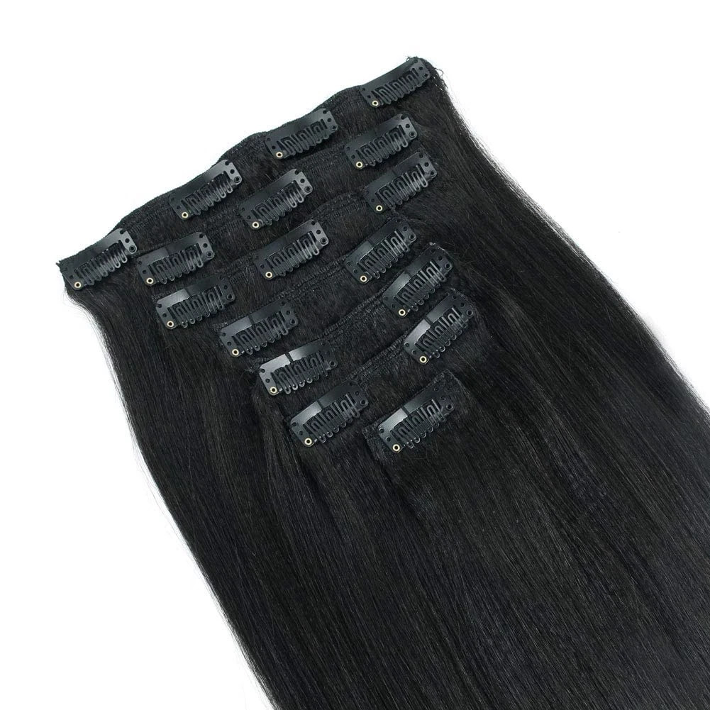 Clip in Hair Extensions Black Women, Yaki Straight Clip Ins Black Hair Extension