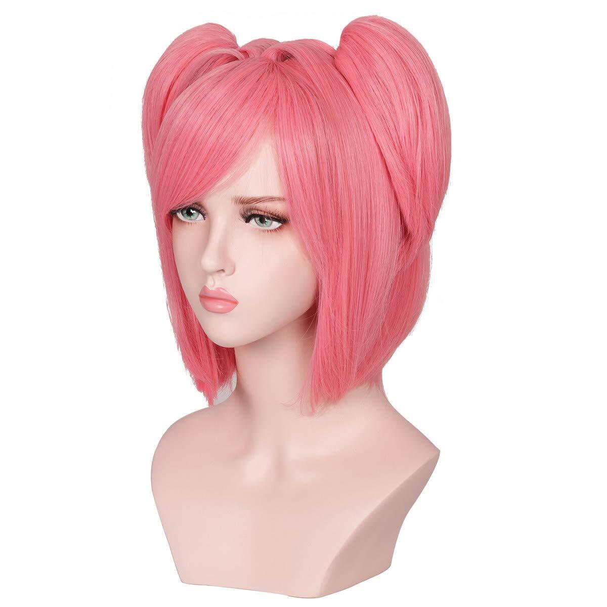 Short Pink Cosplay Wig with 2 Clips Ponytails for Girls and Women