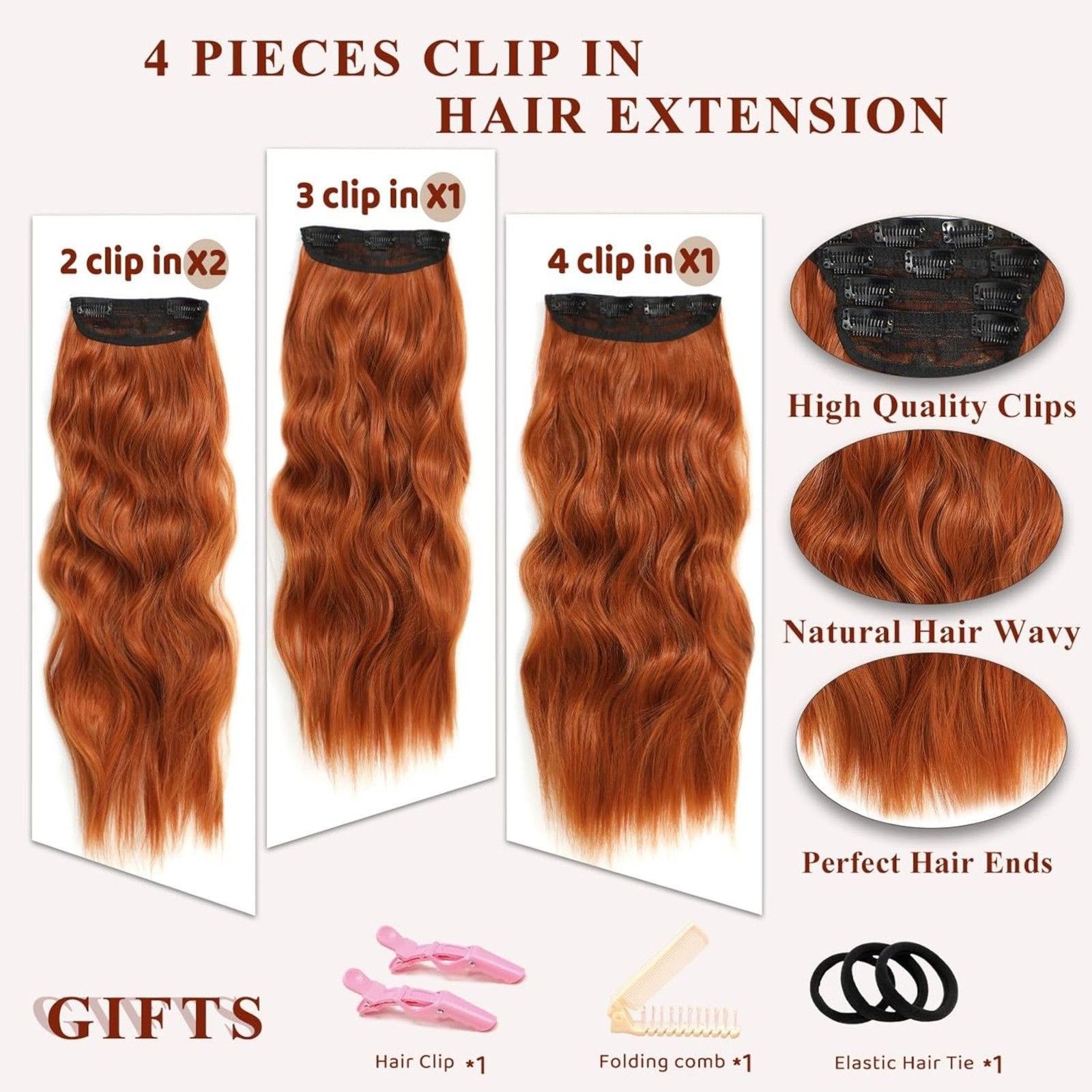 Curly Hair Extensions 4PCS Long Wavy Synthetic Thick Hairpieces, 18C184H011