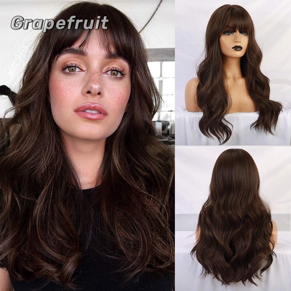 Hair black brown long hair full head with chemical fiber wig woman
