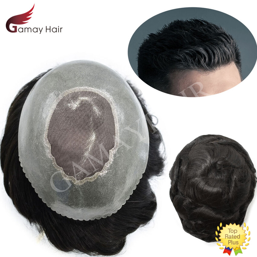 Mens Toupee Human Hair Piece System Replacement Mono Top Poly Around Wig for Men