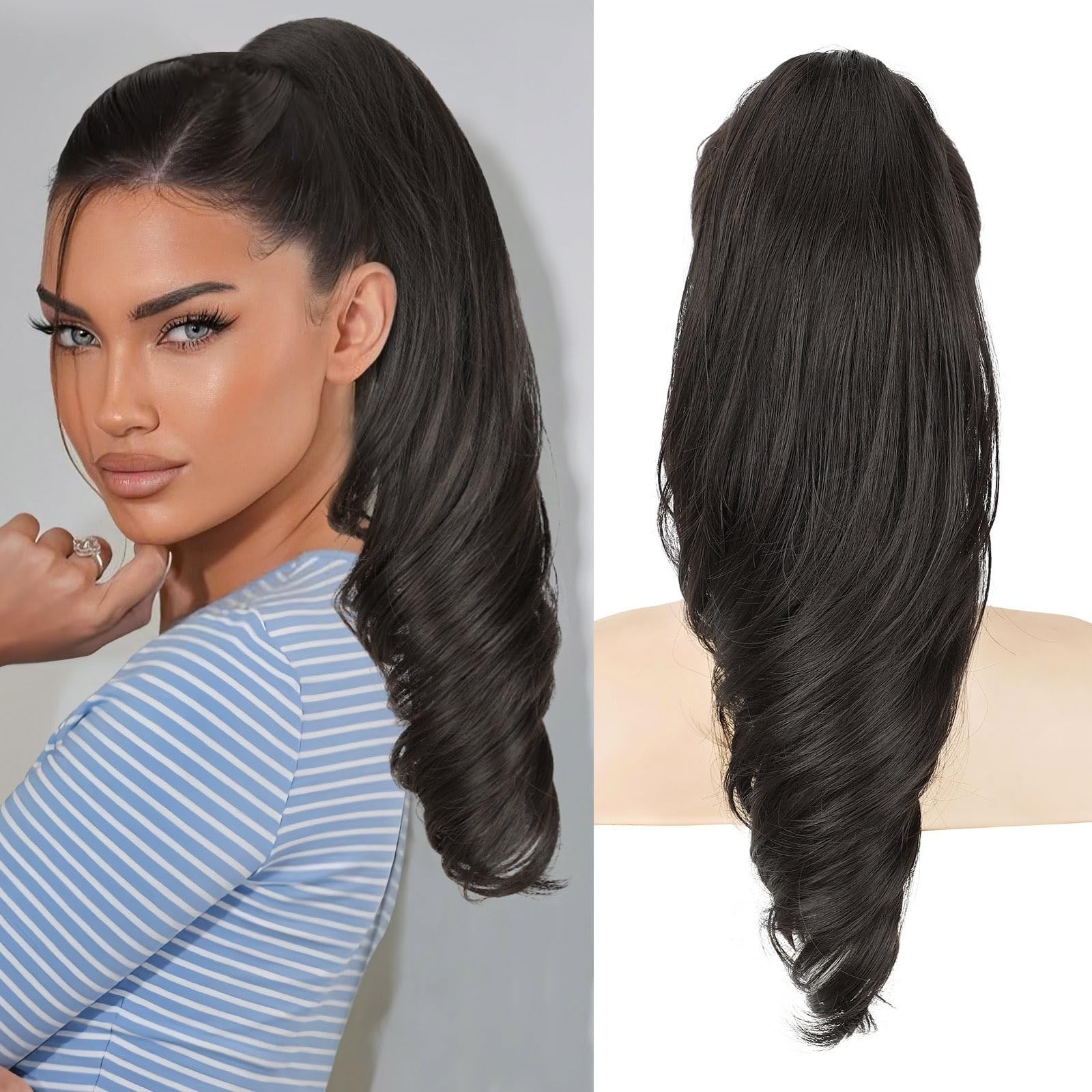 Claw Clip Ponytail Extension 18 Inch Brown Black Wavy Curly – Easy to Wear