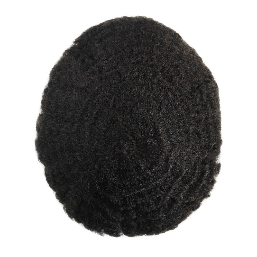 Mens Human Hair Replacement System Afro Curl Poly Skin Toupee Black Hair Pieces