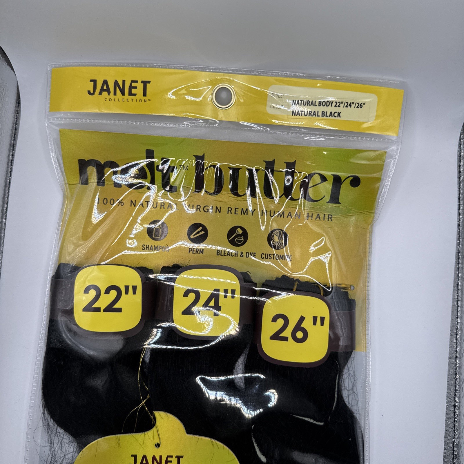 Janet Melt Butter 100% Natural Virgin Remy Human Hair 22” 24” 26” Natural Black