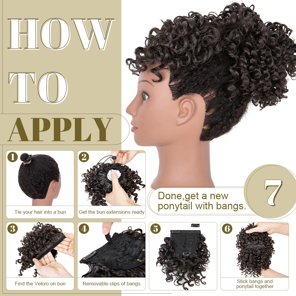 African Short Afro Kinky Curly Ponytail Large Puff Hair Extension Bun With Bangs