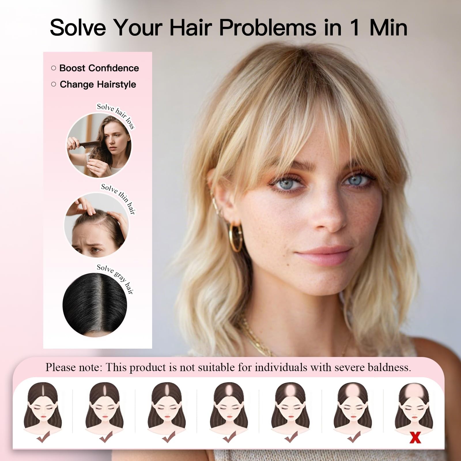 14″ Human Hair Topper for Women – Swiss Lace Base, 3 Non-Slip Clips, Natural Loo