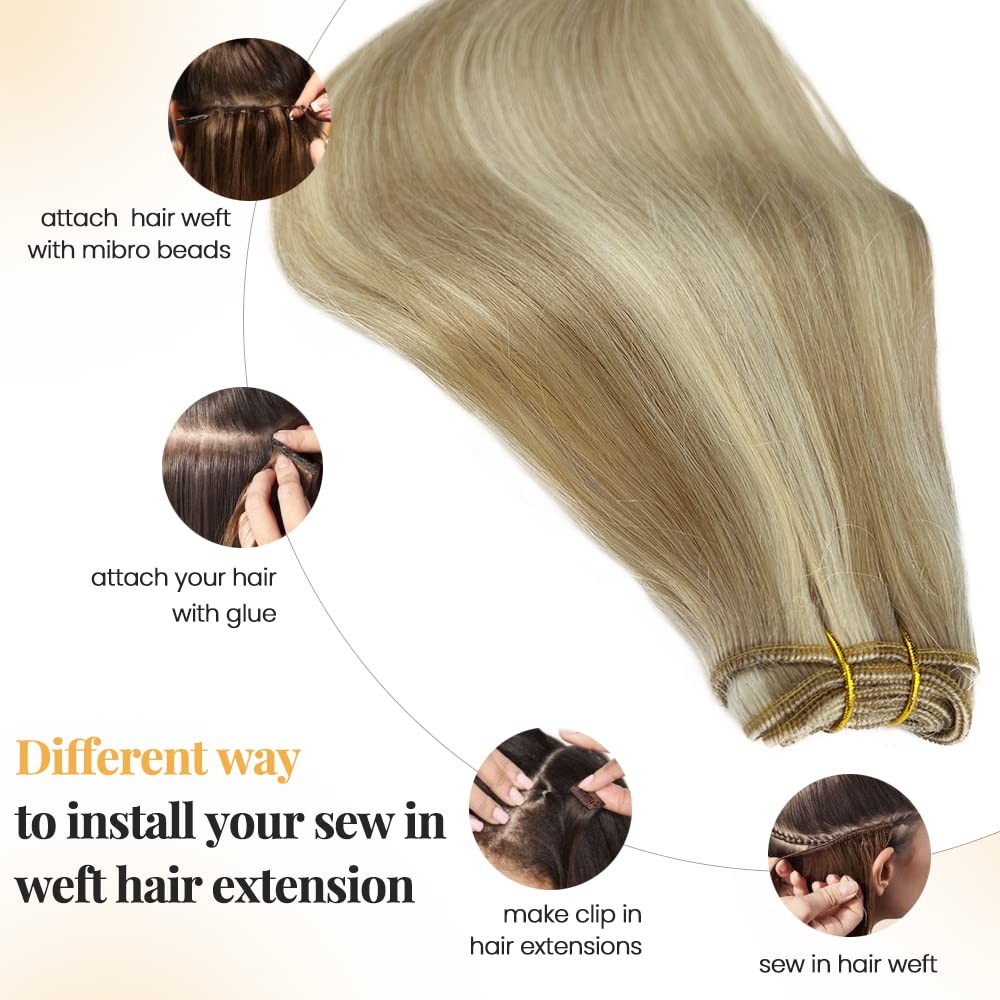 Ash Blonde Sew-in Hair Extensions Human Hair 14 inch Weft Bundles for Women Stra