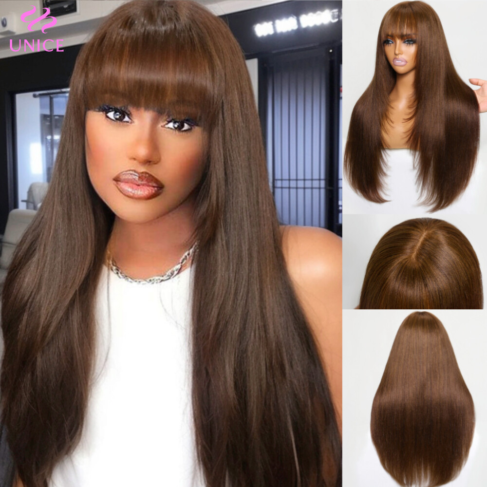 UNice Indian Brown Yaki Straight Human Hair Wigs with Bangs Lace Wigs Layer Cut