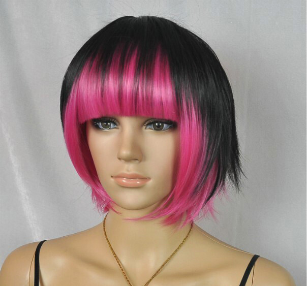Hot Sell Fashion Black Mix Pink Bob Bangs Short Women Lady Hair Wig Wigs+Wig Cap