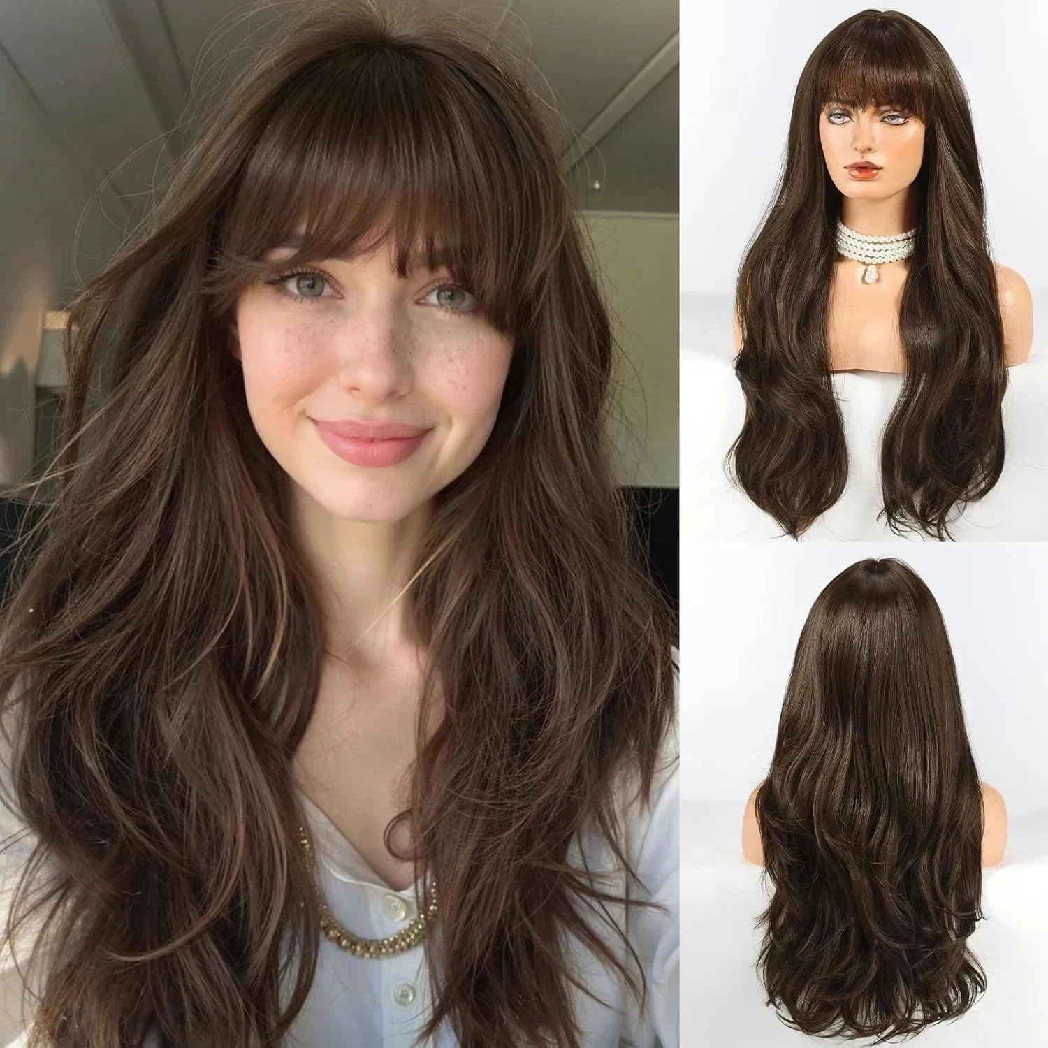 Real Human Hair New Fashion Long Natural Dark Brown Wavy Women’s Full Wigs 22 In
