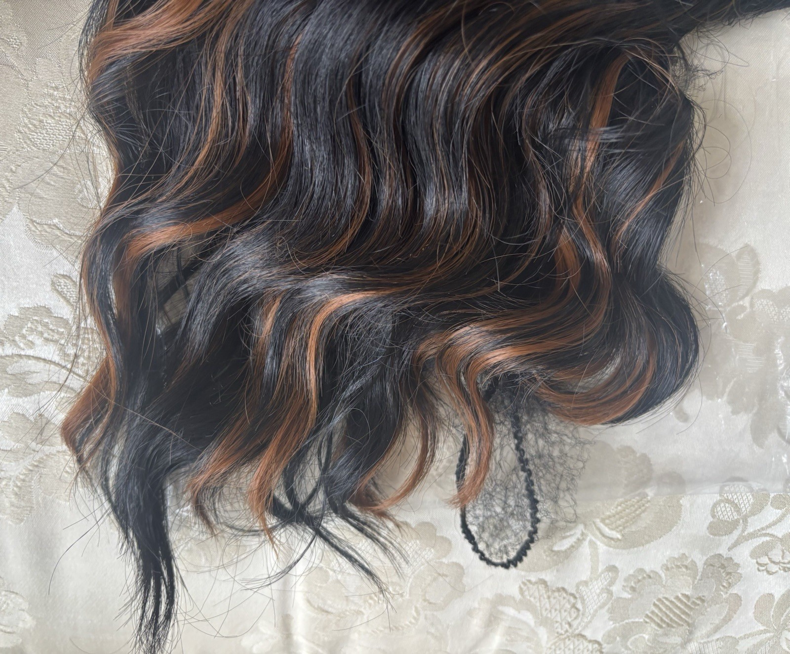 NWOT Human Hair Wavy Wig Black W/Brown Highlights SOFT Lace Front 15”
