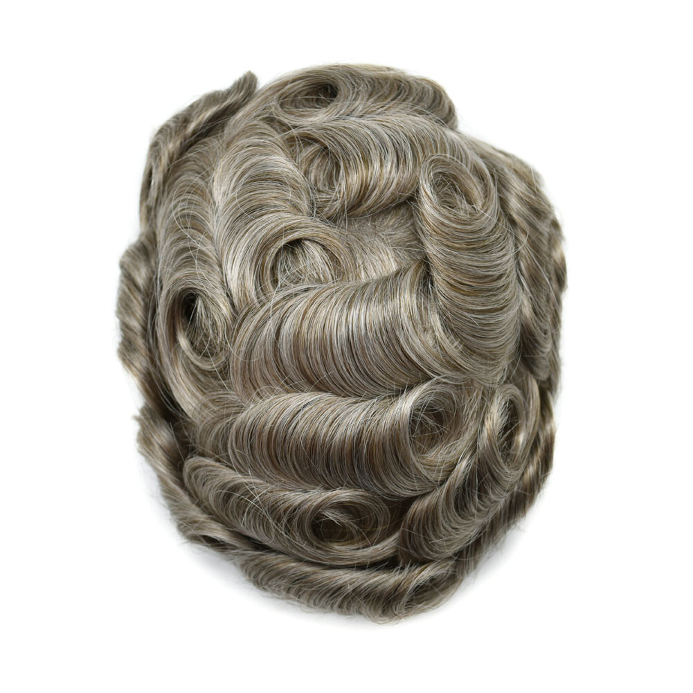 Mens Human Hair Replacement Medium Skin V-loop Scalloped Toupee Hairpiece Wig