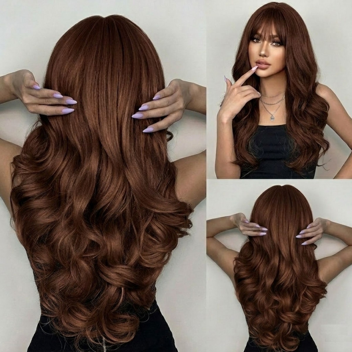 Layered Long Wavy Cosplay Wig With Bangs Synthetic Hair Heat Resistant Brown