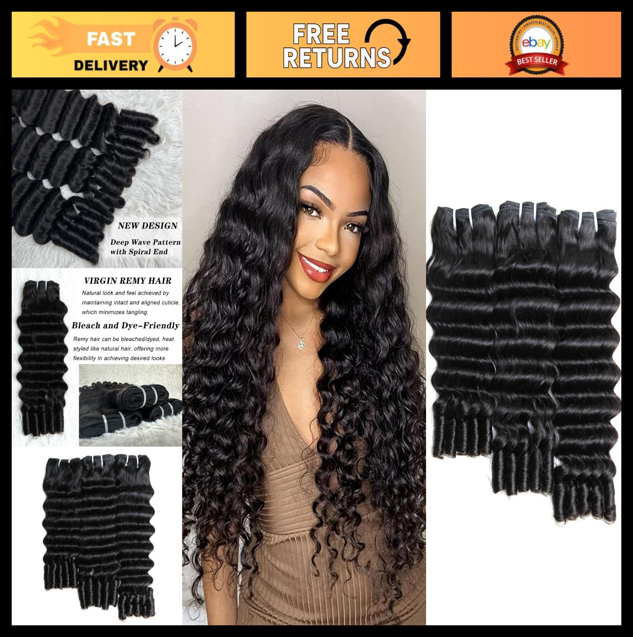 Deep Wave Human Hair Bundles – Burmese Curly Quick Weave Extensions, 16-20″ Natu