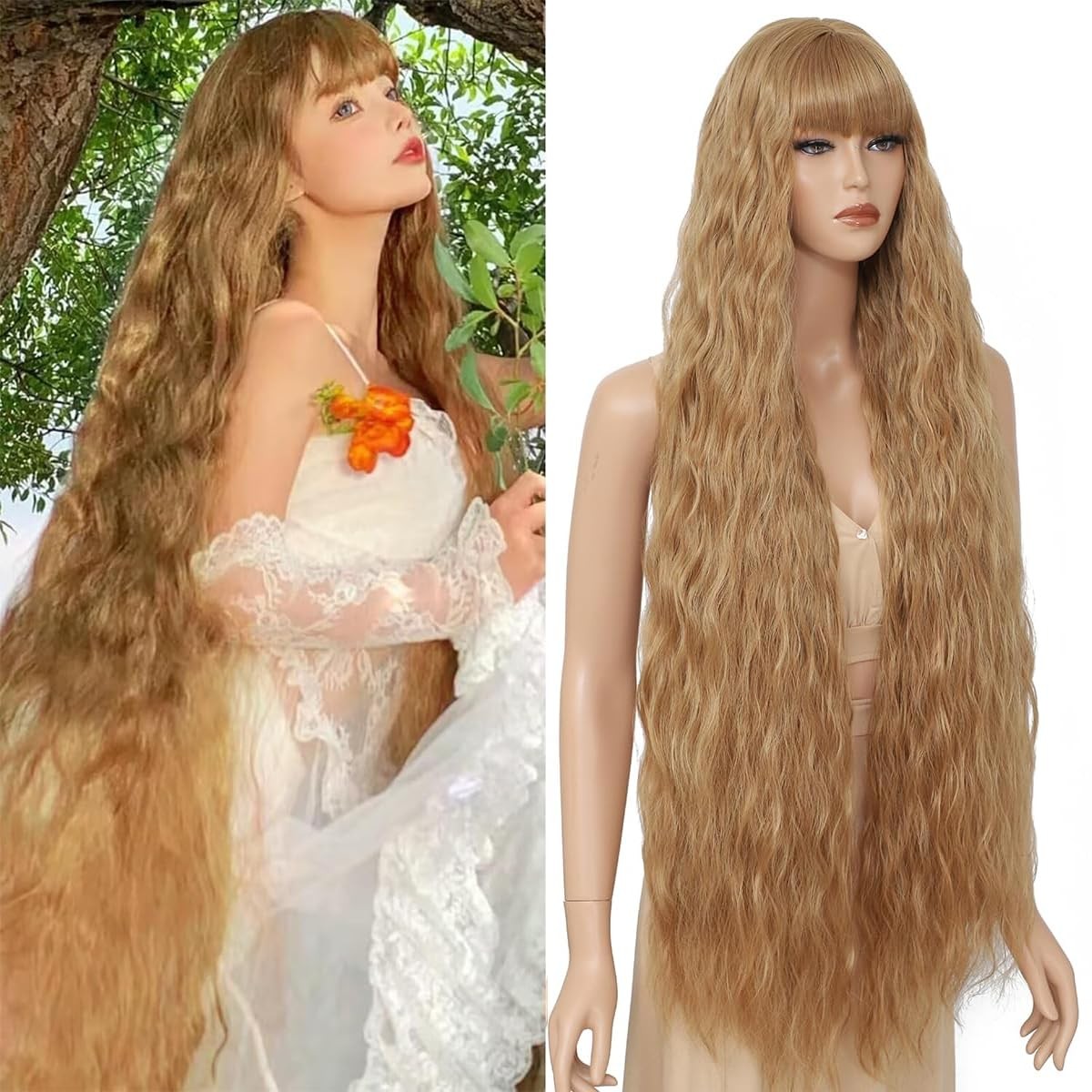 Long Wavy Wig with Bangs for Women,Wig Long Bangs Wig,Natural Looking Synthet…
