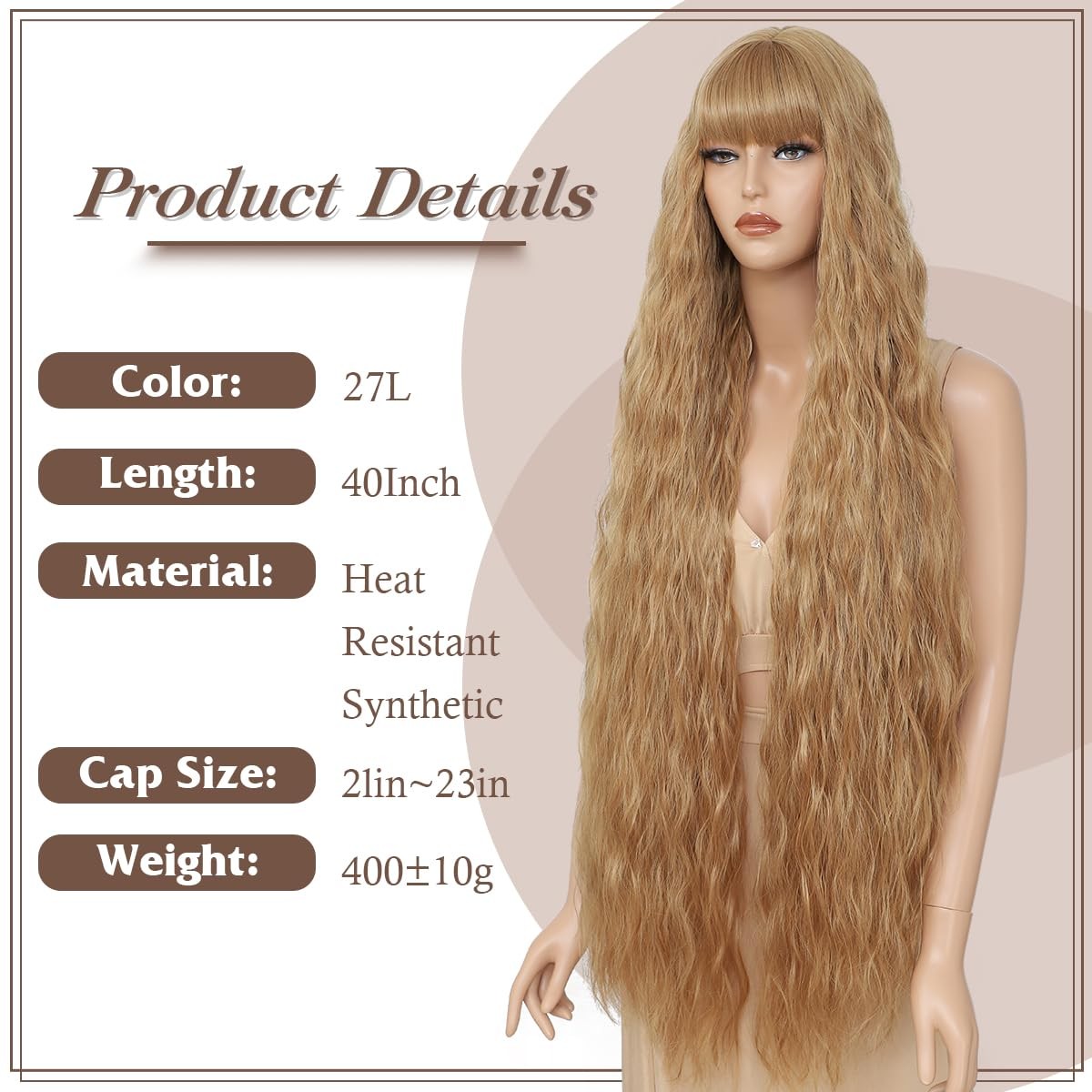 Long Wavy Wig with Bangs for Women,Wig Long Bangs Wig,Natural Looking Synthet…