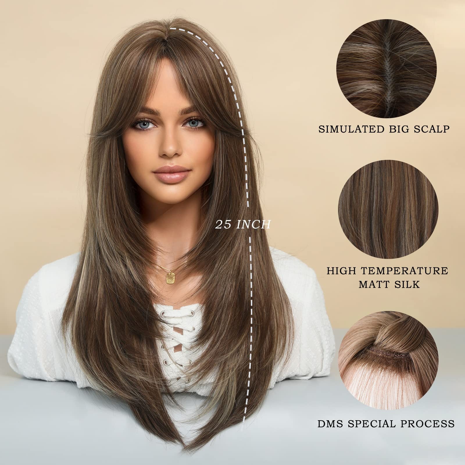 7JHH WIGS Honey Blonde Wig with Bangs Long Brown Wigs for Women,Layered Heat …