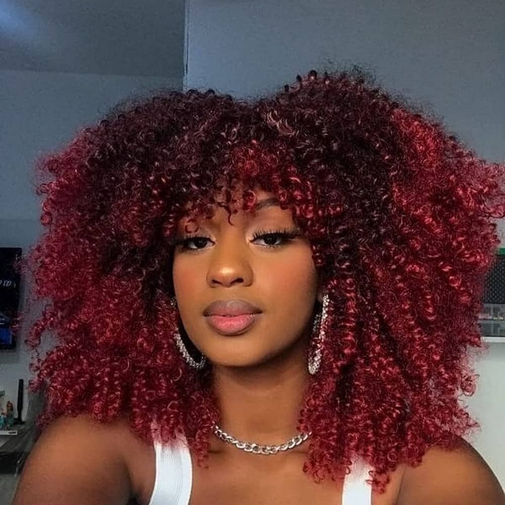 Ombre Burgundy Synthetic Curly Wigs Shoulder Length Glueless Afro Wig (1B/BUG#)