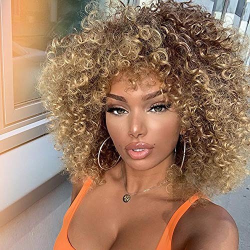 14 inch Blonde Curly Wigs 70s, Kinky Brown Mixd Blonde Afro Blonde Mixed Brown