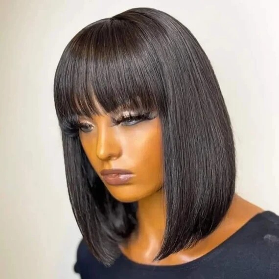10 Inch Short Black Bob Wig with Bangs Human Hair Straight Bang Bob Wig 2×1 Lace