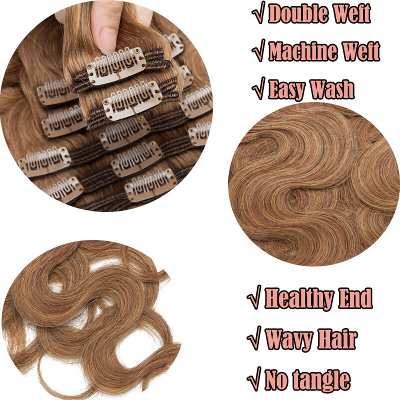 US Long Thick Double Weft Clip In 100% Remy Human Hair Extensions Balayage Ombre