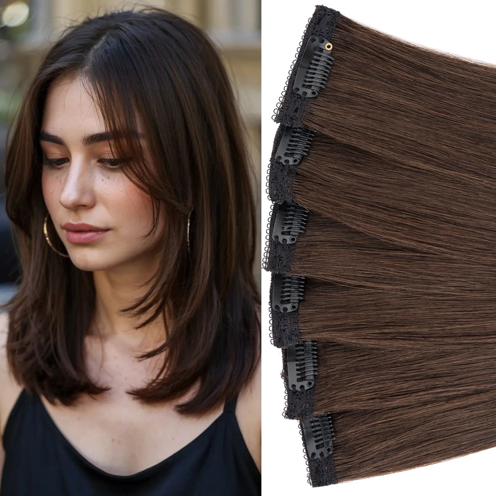 6 Pieces 6 Clips in 100% Human Hair Extensions Real Thick Short Lace Weft #Brown
