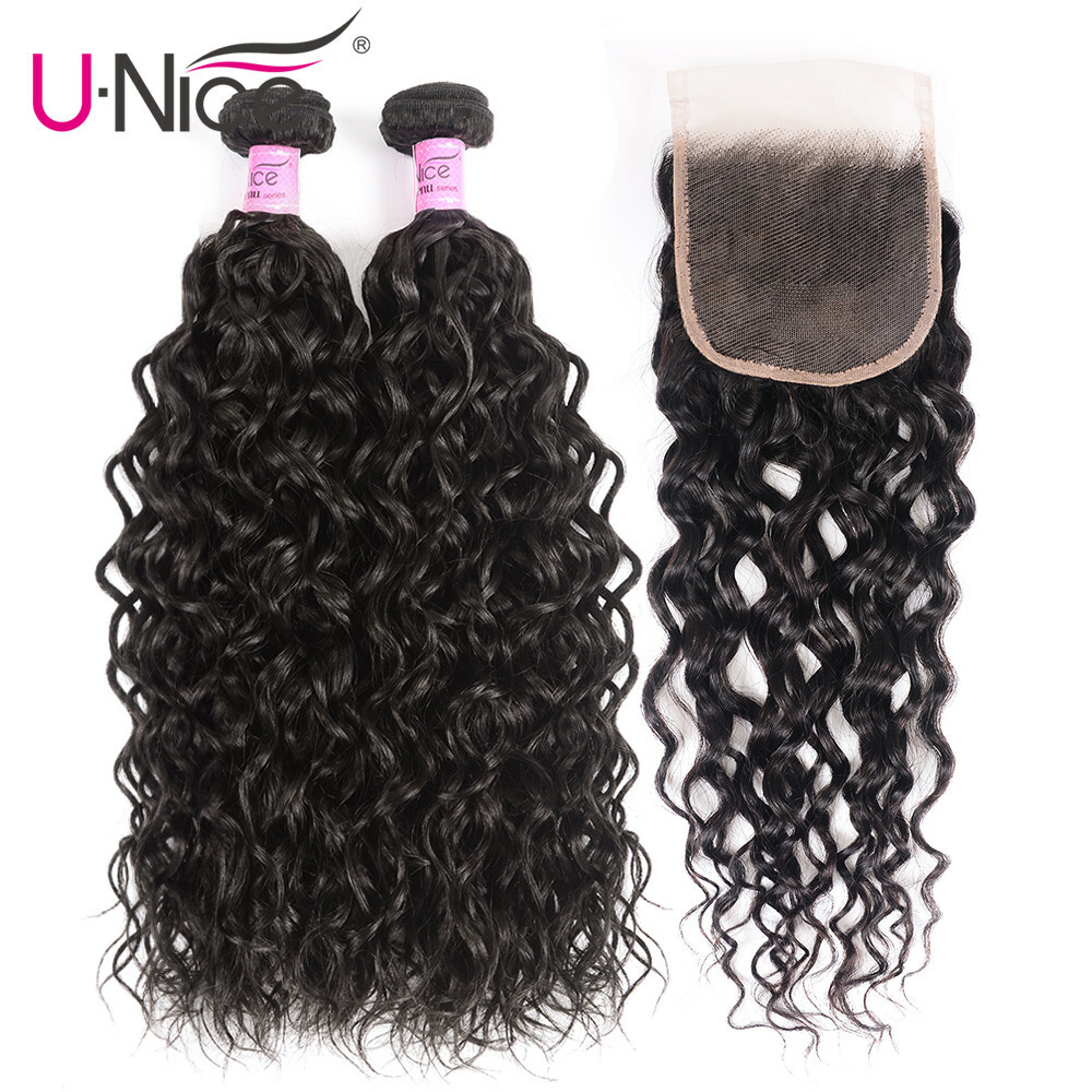 UNice Indian Water Wave 2 Bundles Human Hair Extensions with Lace Closure Weaves