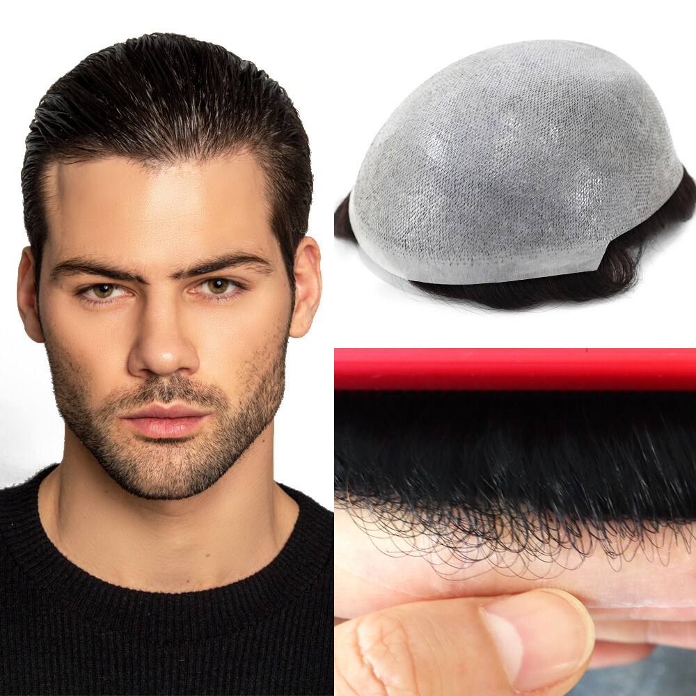 Toupee For Men Human Super Thin Skin Men Hairpieces Wig Natural Black #1C