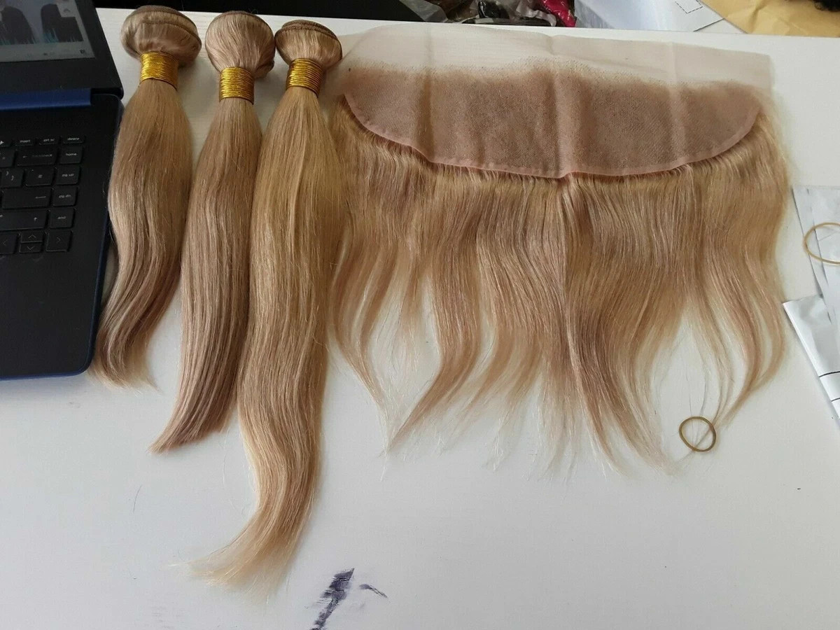 12A HONEY BLONDE 27# BRAZILIAN VIRGIN HAIR 12+14+16&12INCH FRONTAL STRAIGHT 390g