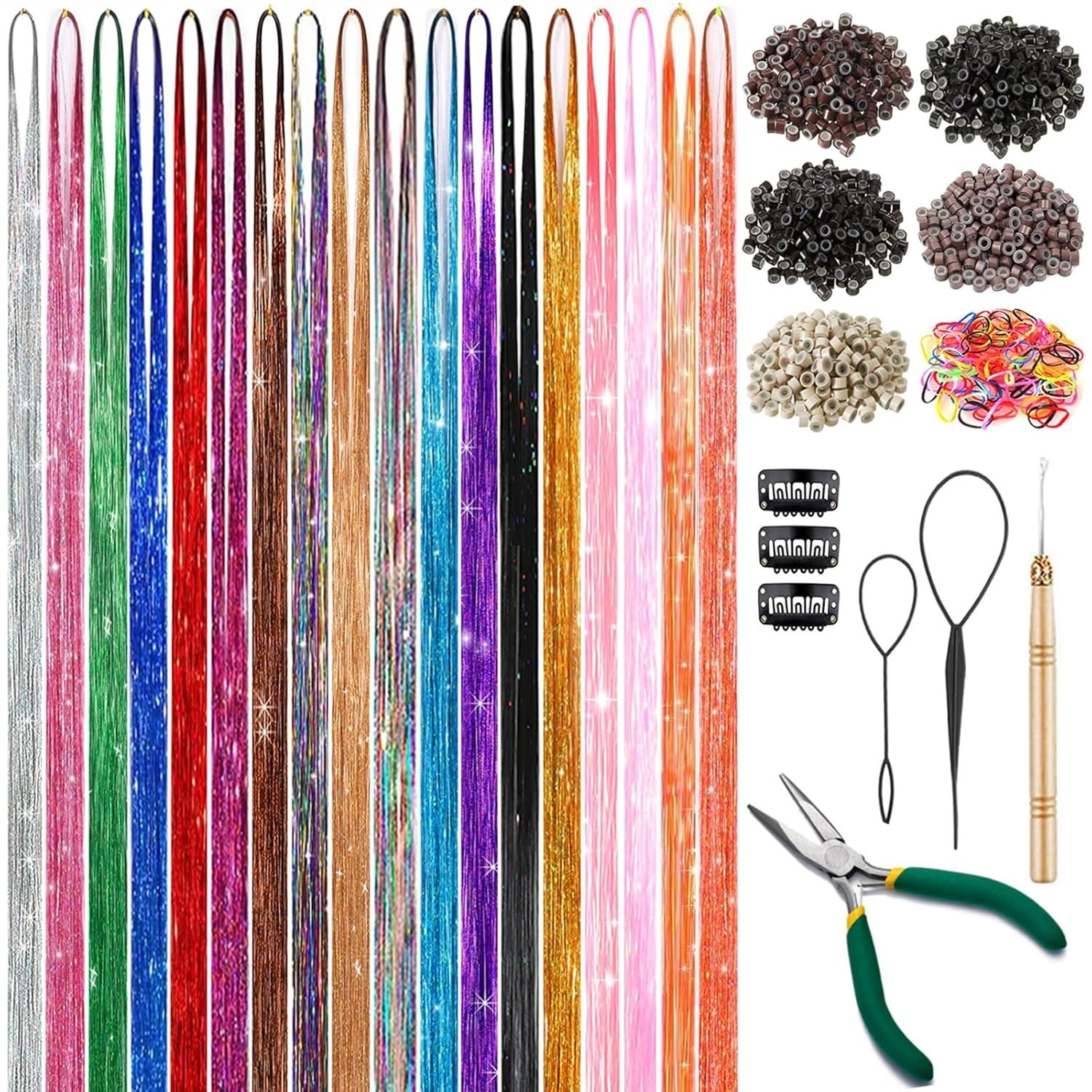 Complete Hair Tinsel Kit – 48 Inch, 9000 Strands, Colorful Hair Accessories