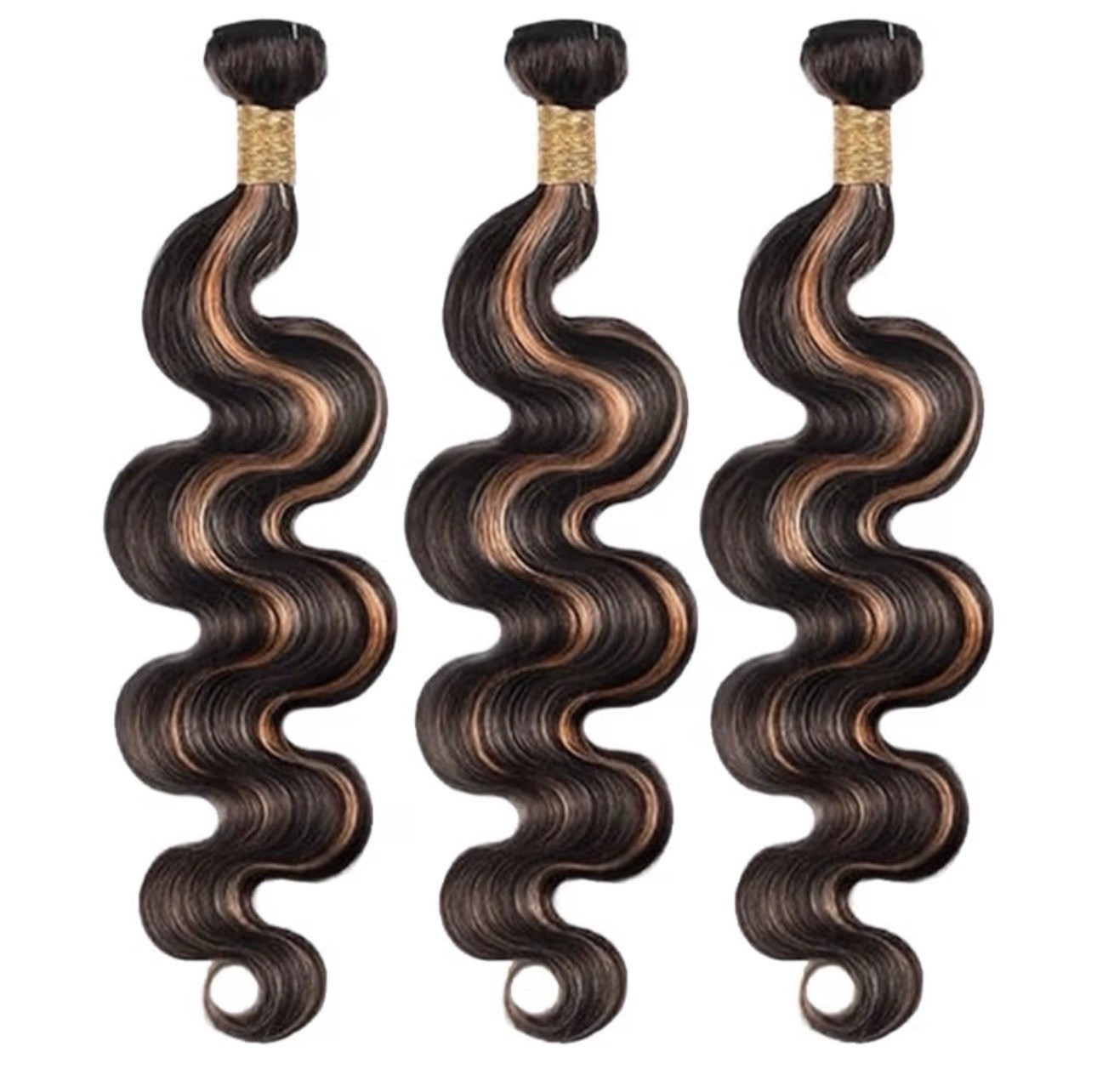 Body Wave Dark Brown Golden Brown Human Hair Weft Extensions, 21-30 in, 3pcs
