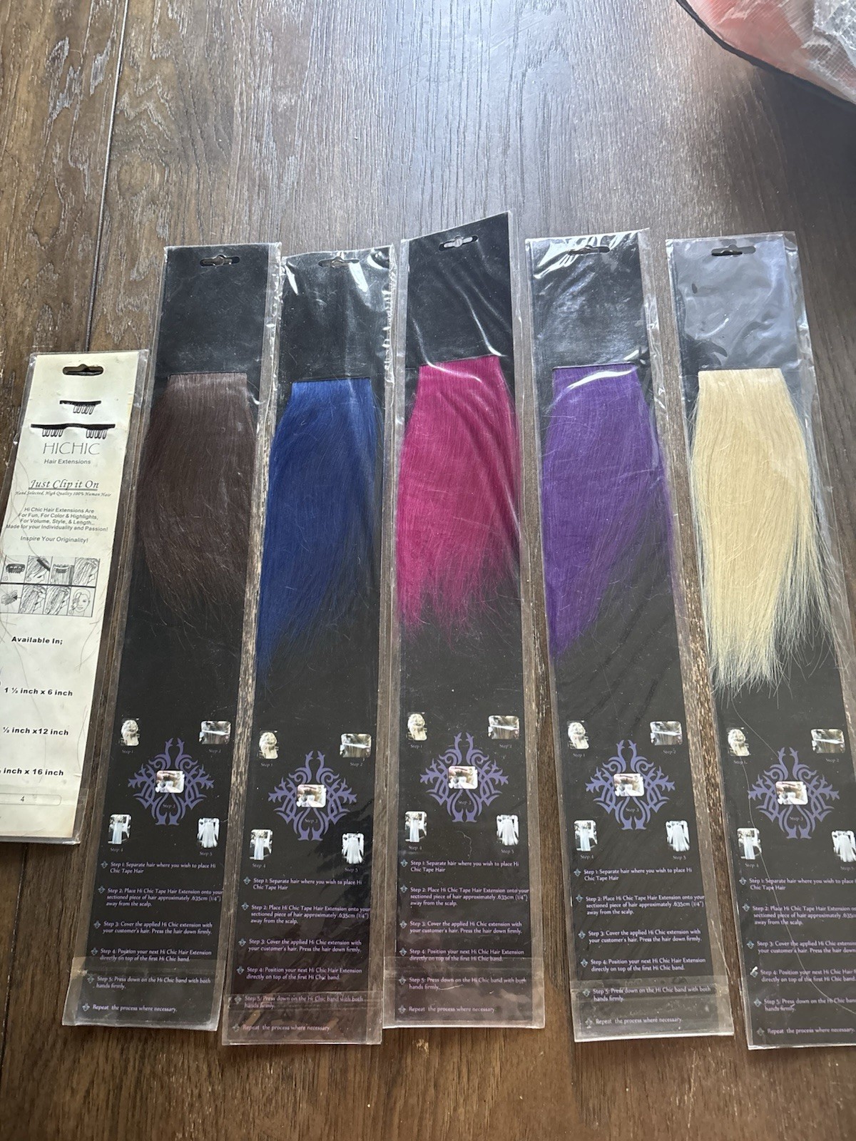 6 Packs of Real Human Hair Extensions (Black, Brown, Blue, Pink, Purple, Blonde)