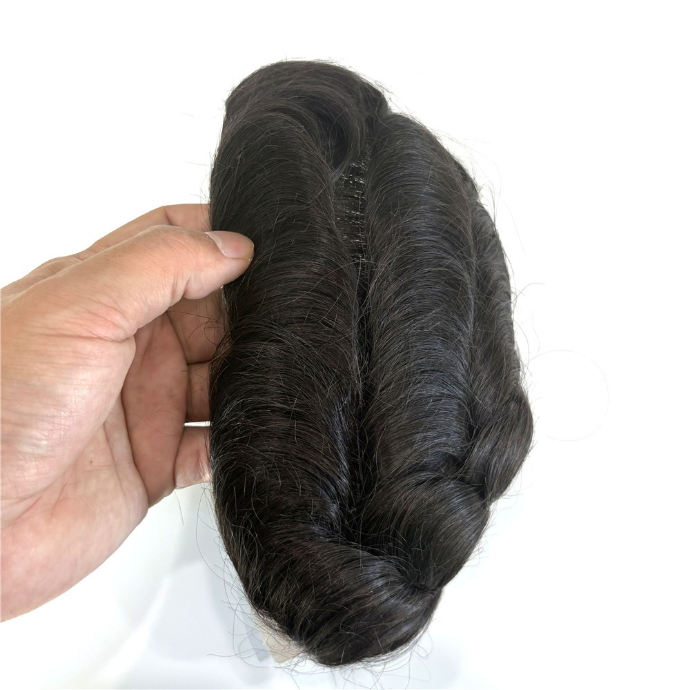 Mens Toupee Poly Skin Hybrid Remy Hair #1B Natural Black Breathable Hair System