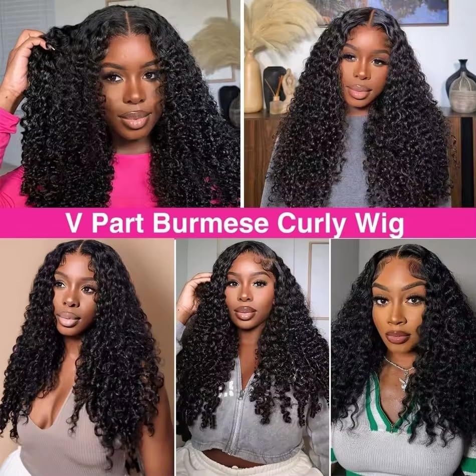 18″ Curly V Part Wig Human Hair, 200% Density, Glueless Clip-In, Natural Color