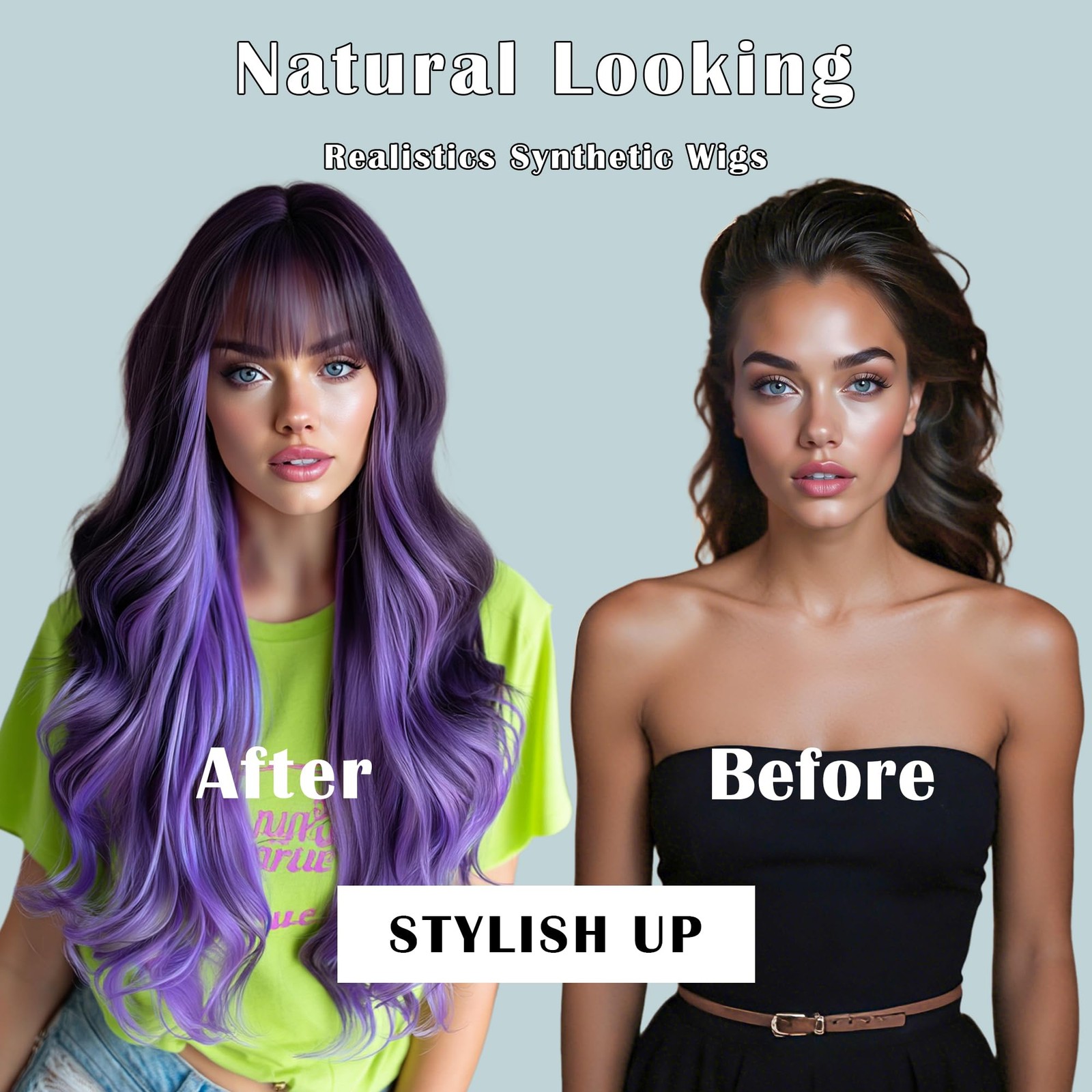 28 Inch Long Wavy Synthetic Wig with Bangs Dark Purple to Lavender Ombre Wig …