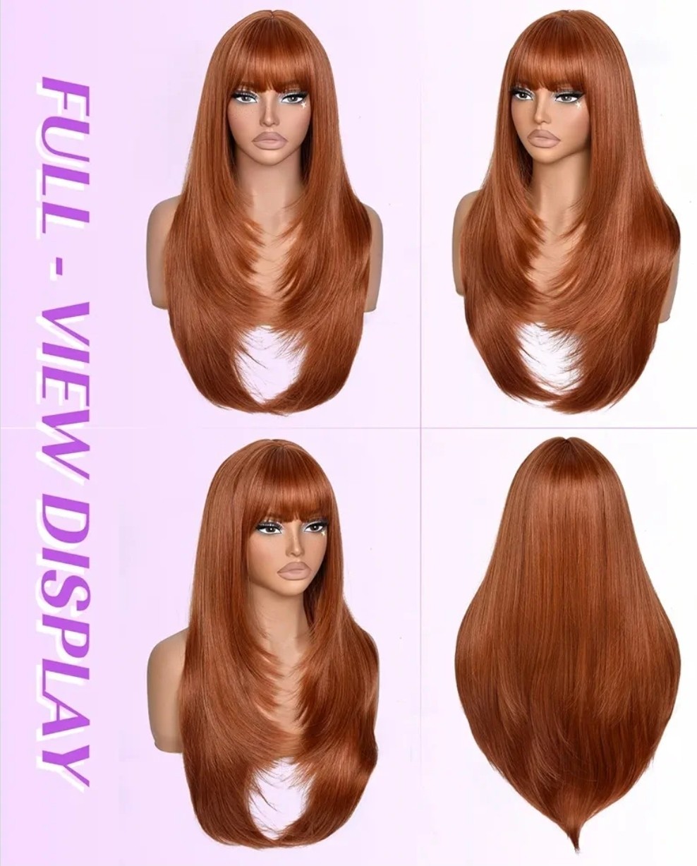 Wig Long Layered Straight with Bangs Auburn / Copper / Red heat resistant Hair