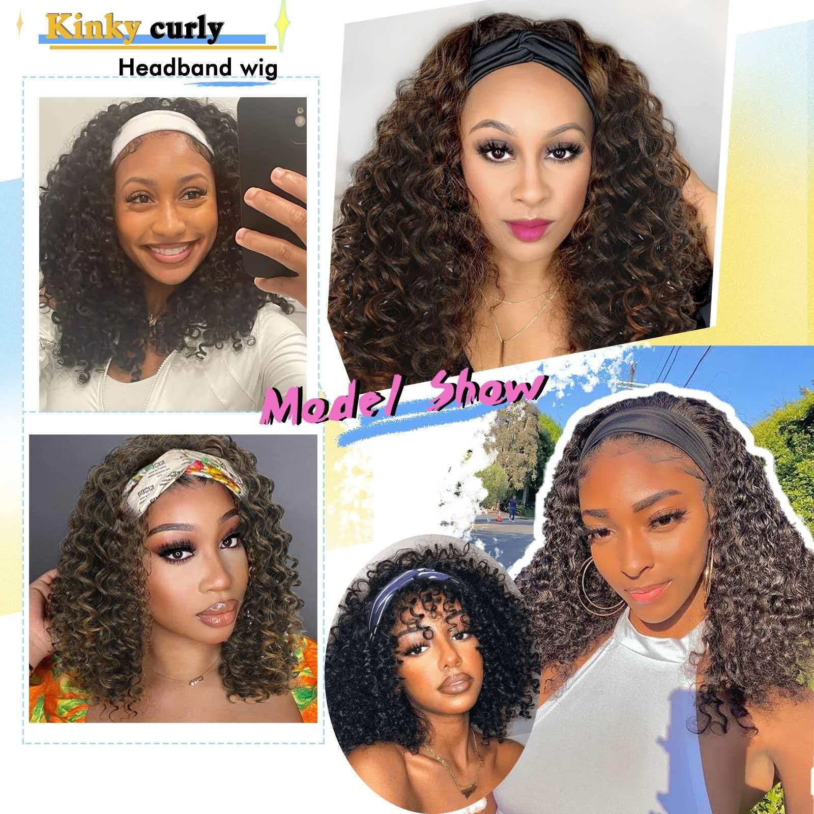 14″ Kinky Curly Headband Wig for Women Black Heat Resistant Synthetic Cosplay