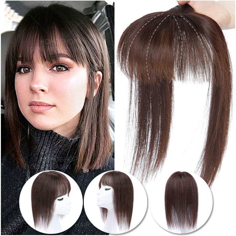 Women 100% Remy Human Hair Mono Topper With Bangs Clip In Hairpiece Toupee Wigs