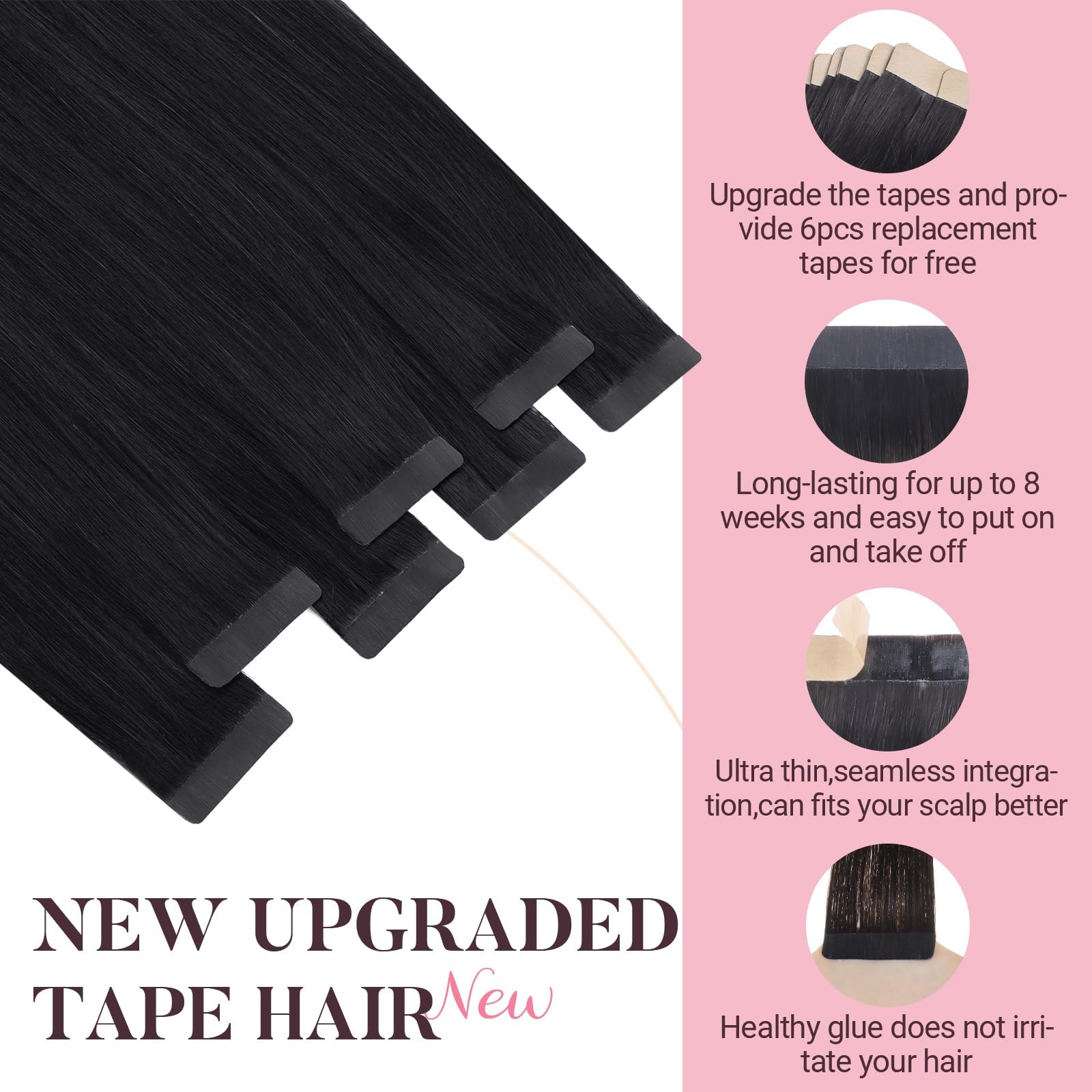 Maxita Tape In Hair Extensions Human Hair Jet Black 14 Inch 25G 10Pcs Remy