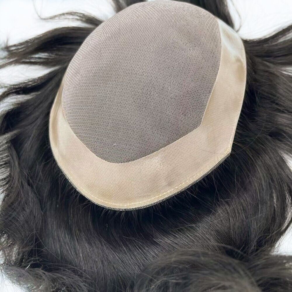 Mens Durable Human Hair Replacement System Hairpiece Fine Mono Poly Skin Toupee