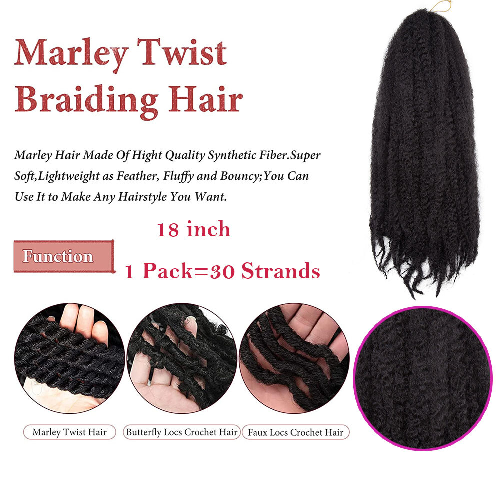 3Packs Black Hair Crochet Afro Marley Kinky Curly Hair Extensions Synthetic 18in